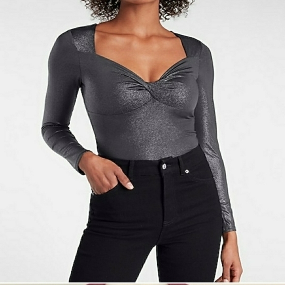 Express Body Contour Metallic Gray Twist Front Bodysuit size S - Picture 1 of 9